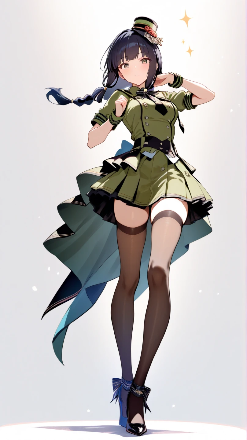 score_9, score_8_up, score_7_up,score_6_up,score_5_up,high_heels,idol,leg_up,paper_airplane,purple_hair,looking_back,skirt,hat,yumo_\(eoe\),hair_ornament,short_dress,medium_breasts,dress,breasts,eoe,ankle_cuffs,blush,thighhighs,white_gloves,shoulder_bag,closed_mouth,idol_clothes,full_body,highres,1girl