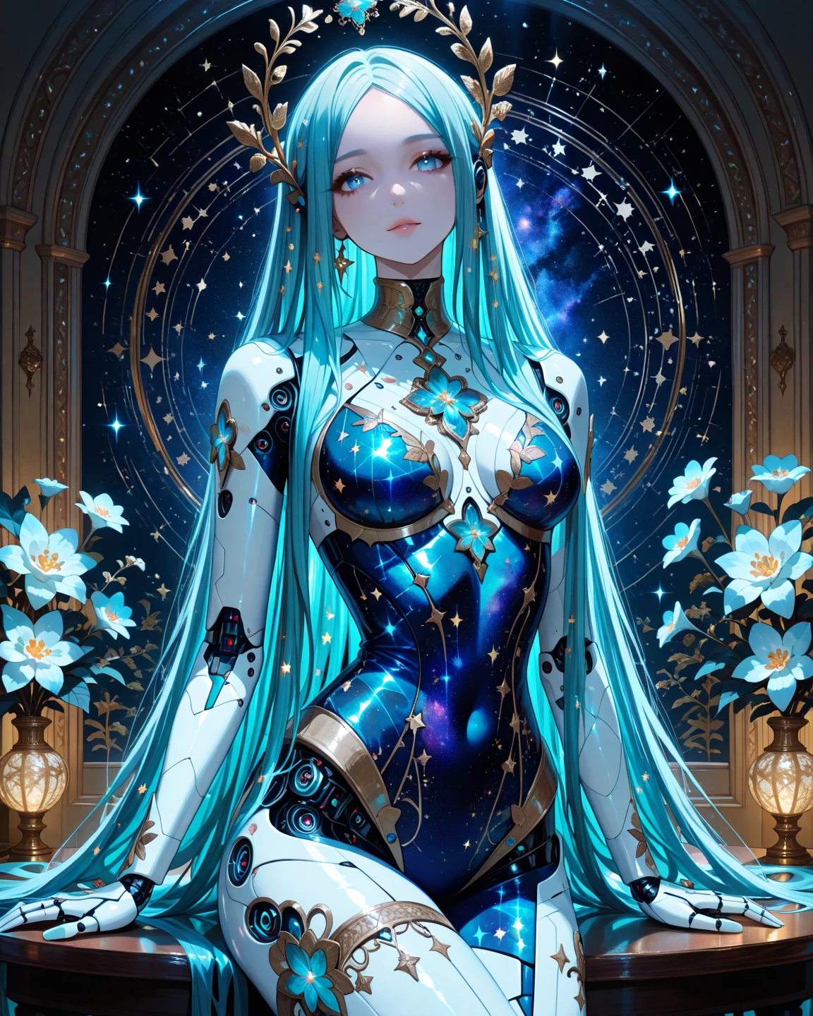 Mystical figure with long, flowing turquoise hair, wearing a shimmering cosmic-themed bodysuit adorned with star patterns, seated gracefully on a table. android, The setting is an enchanting room with celestial decorations, including star-shaped flowers in vases and a backdrop of a starry night sky, creating a serene and otherworldly atmosphere. The lighting is soft and ethereal, highlighting the intricate details of the attire and environment.