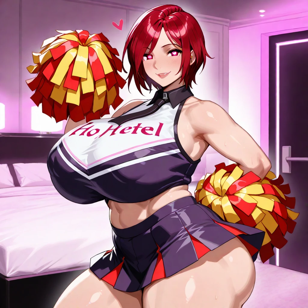 magazine cover, redhead, cheerleader outfit, sexy pose, big breasts, pigtails, smile