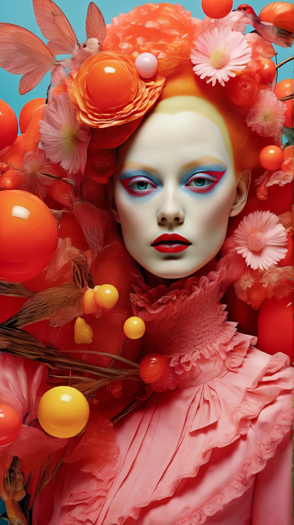 Tim Walker inspired, fashion photograph, whimsical settings, surreal elements, creative storytelling, vibrant colors, (detailed face:1.05), hyperrealistic, photorealistic