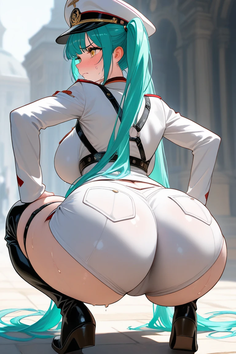 by zackary911, zackary911, (((glaceon, woman, breasts, antrum, extremely detailed, legs extremely detailed, arms extremely detailed, face extremely detailed, eyes perfectly detailed, anatomy perfectly detailed))): 1.2, solo, huge butt, tight underwear, underwear, skin, perspective, curved thighs, huge thighs, hunching, rear view, looking at the viewer over the shoulder with embarrassed smile, tail