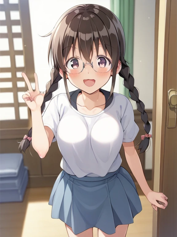 1girl, solo, long hair, breasts, looking at viewer, blush, smile, open mouth, brown hair, shirt, bow, twintails, brown eyes, white t-shirt, hair bow, bloomers:1.6, indoors, erection:1.3, bulge, futanari:1.4, erection under clothes:1.5,shirai kuroko,big breast,ahegao