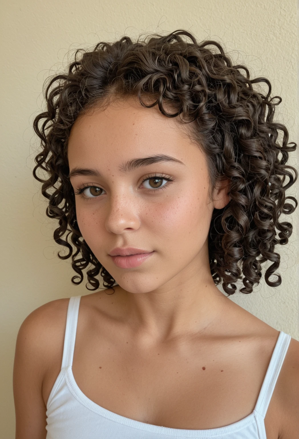 Light skin biracial with curly blond hair and light brown eyes