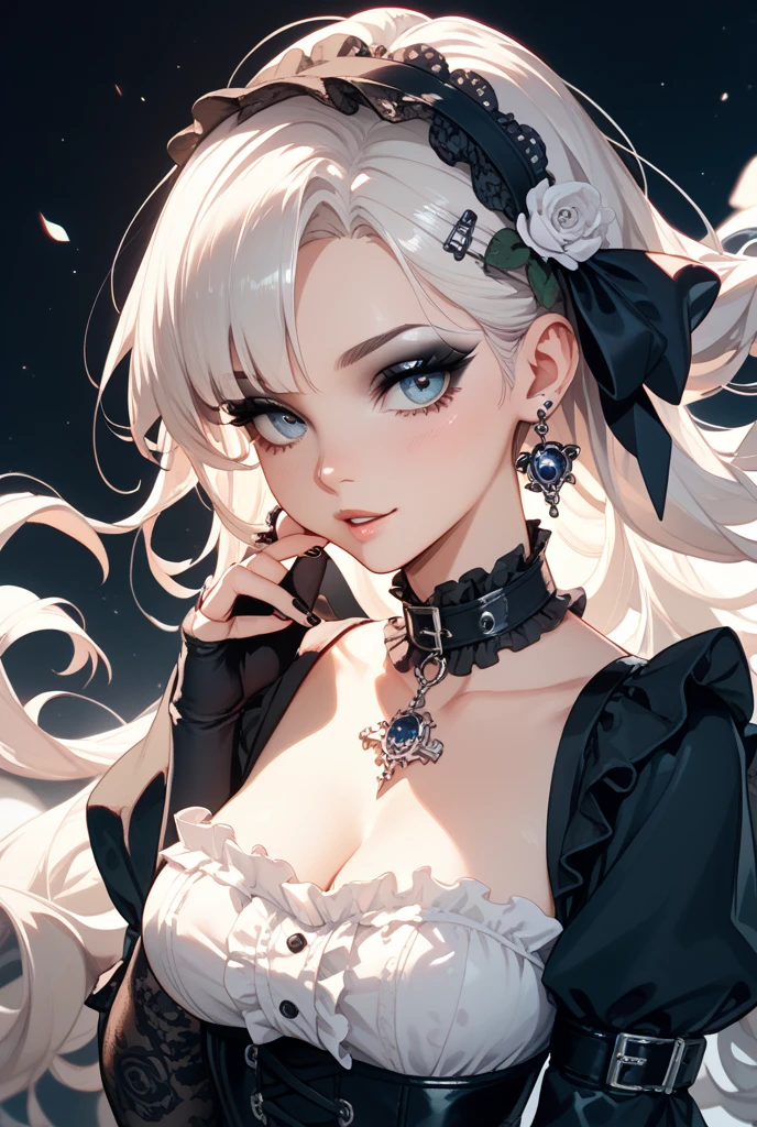 focusing on people. Create the best glowing composition of a person、Express. ((masutepiece)), (((Highest Quality)))), ((Ultra Detail)), (A hyper-realistic), (highly detailed CGillustration), (Very delicate and beautiful), Beautiful girl's masterpiece, Highest Quality, Realistic skin, Realistic fabric, Realistic illustrations centered around girls with realistic textures, Japan people, Realistic, Highly detailed eyes focused front and center. This is the absolute rule, and the following sentence expresses the image quality. Inuzuki Ichigo&#39;s best masterpiece ever.&#39;s class., The most artistically talented person in human history、Discover unparalleled beauty、I risked my life to draw the most beautiful person. Create stunning anime artwork that is currently trending on seaStation, Showcasing exquisite beauty and seductive aesthetics. "Spreading out before my eyes is a beautiful girl dressed in Gothic Lolita fashion.... her presence is overwhelming, Her vision exceeds that of her predecessors., And she is extremely afraid of falling into the hands of a surrealist artist.... Her beautiful and unique body shape is attracting attention in Gothic Lolita fashion... Black Dress、Luxuriously decorated with lace and ribbons、Design with attention to detail。. long enough to touch the floor、Delicate rose embroidery on the hem。. On her chest, Beautiful white chiffon blouse, Elegant high neck design emphasizes her delicateness. The sleeve of the blouse wraps around your arm., The edges are delicately finished with lace and ribbon.... On her head is a black lace bonnet, The edges are studded with fine pearls.... Elegant embellishments beautifully frame her look. In his hand is a black parasol decorated with lace., Elegant design that brings out your femininity. turned into a wonderful being. Make your face more beautiful with Blackley