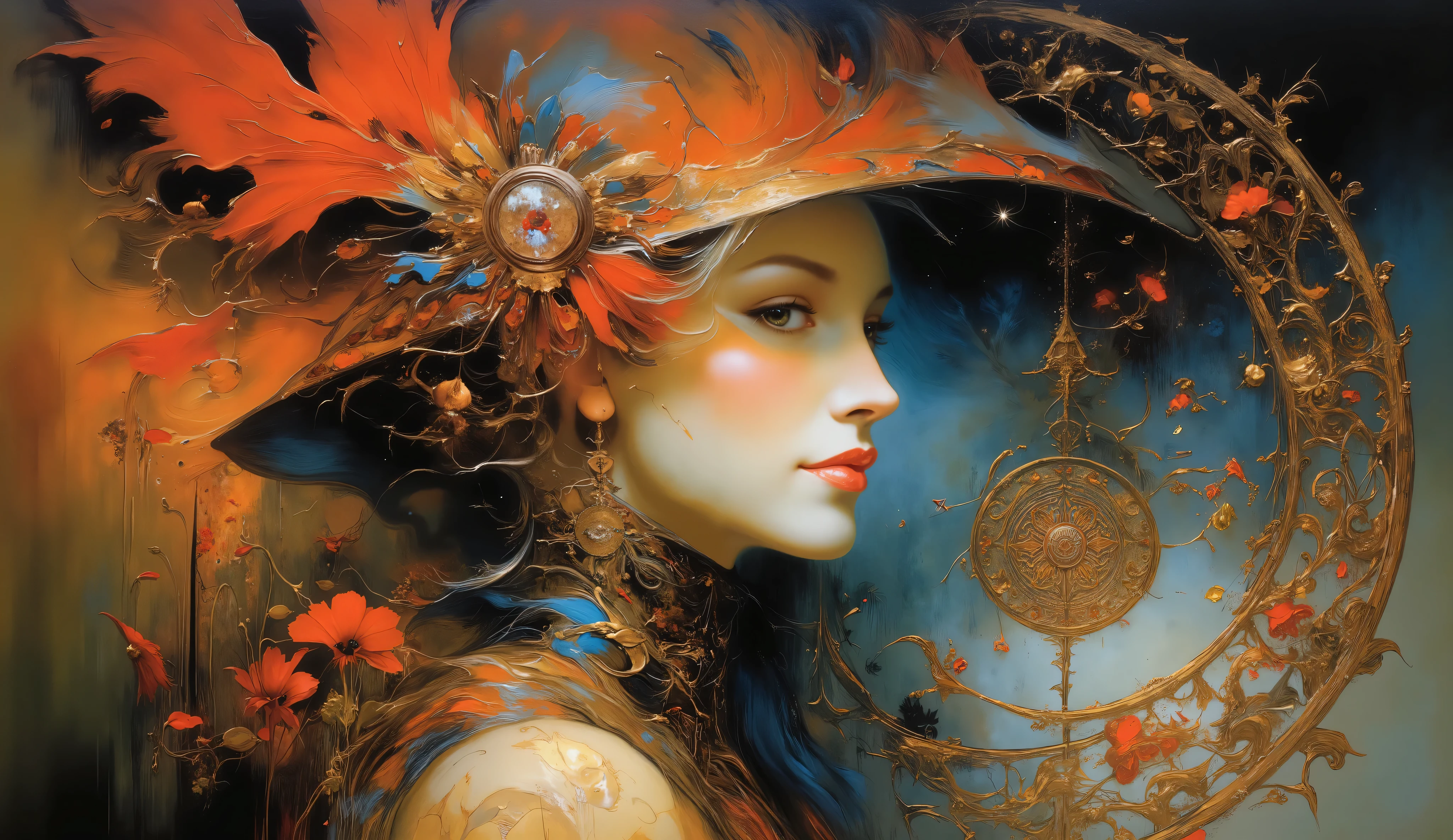 a painting of a woman wearing a red hat and red flowers, art deco shaman flower , art noveau painting, Mucha style 4K , style of Karol Bak, Portrait Art Nouveau, art nouveau beauty woman, hyperrealistic art nouveau , modern art nouveau, masculino, Amano and Karol Bak, art nouveau, beautiful and intricate painting, Arte Nova Oriental . An intricate and richly detailed artwork shows a vivid interplay of shades of red and blue, accented with golden ornaments. The composition exudes an ethereal and mystical aura, with swirling patterns and floral motifs dominating the. ampla, vibrant red flowers , possibly similar to poppies, A waterfall through the image, juxtaposed against a rich, that increases its intensity. delicado, swirls of golden filigree intertwine throughout the visual background, creating a sense of movement and fluidity . A circular pattern , , recalling an ornate heavenly body or medallion, appears at the center of the composition, surrounded by this intricate tapestry of colors and shapes. Overall humor suggests a harmonious blend of nature and fantasy, scene bringing spectators into a realm of artistic imagination.