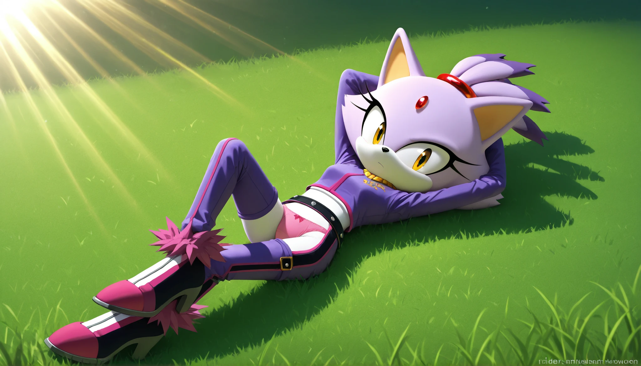 a woman sitting with her legs crossed , panties, underwear, no humans,Blaze The Cat, Riders Outfit, {(laying on grass) , (arms above head) , (knee up) , (looking at viewer)} , ((grass)) , ((sun rays))