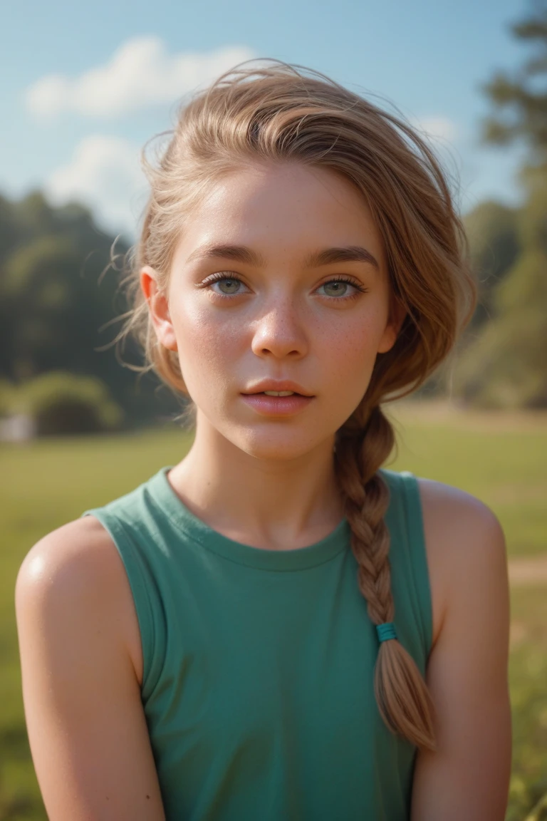 full body photo portrait of a beautiful realistic girl, 25 years old, porcelain skin, very fair skin, very pale skin, brunette, wavy, long, ponytail with green ribbons, skin with detailed freckles, greenish eyes, slanted eyes, small nose, small nostril, thick curved eyebrow, thick lower lip, seductive look, happy face, unique face, wearing green t-shirt, detailed photo, realistic photo, masterpiece image, sharp image, daylight outdoors