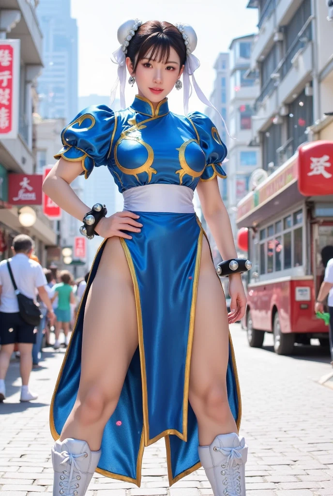 1girl, gravure photo, beautiful girl, big breasts, mini china high leg, woman in blue clothes standing in Akihabara with many onlookers, cyberpunk art inspired by Masamune Shiro, Artstation contest winner, fantasy art, spring portrait - Li, Chun-Li, Chun-Li portrait, seductive anime girl, Jim Chun-Li, beautiful charming anime womanTrending, Full Body, Standing, by CGSTATION,
