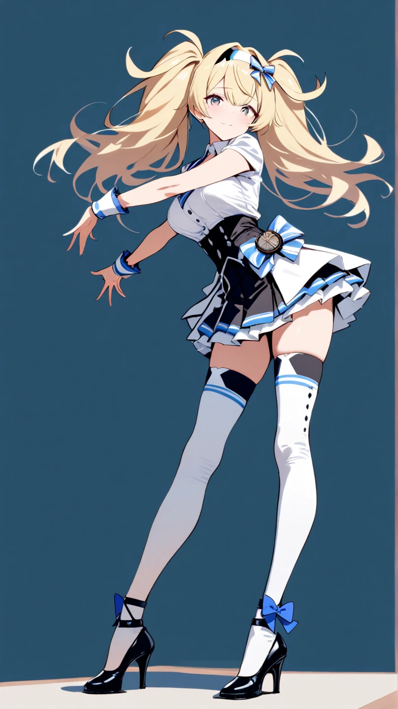 (realistic, photo realistic:1.2), ((highest quality)), move the center of gravity backwards, pretty embarrassing, full body, Slender, Very cute, Standing Split, Standing on one leg, 1Girl, Long Hair, Blonde hair, Yellow ribbon, White shirt, White panties, Blue tie, Blue Skirt, Black knee-high socks, (Thin thighs: 1.1), wind