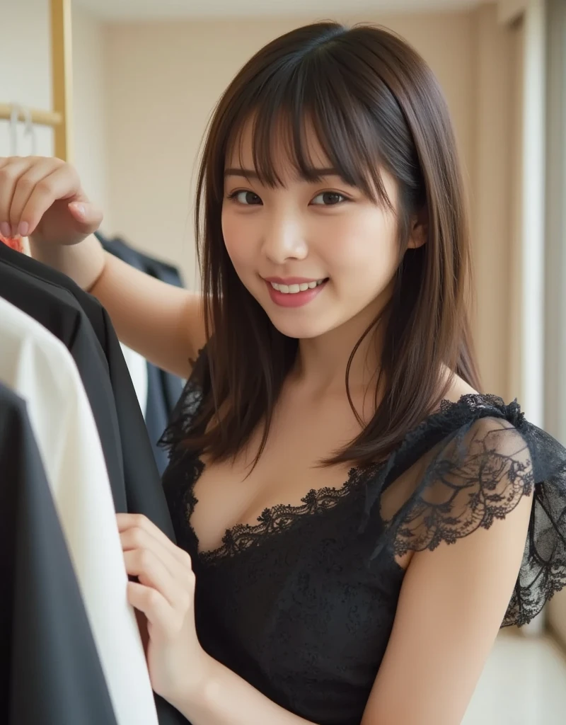 leaning forward:1,bent over,Inside a suit shop,(The skin is wet from sweat),Wearing a shirt:1.2,Suits lined up,(Put your hands forward),looking at the camera,Cleavage,smile,Skirt Lift、Lift your skirt with your hands,woman, 20-year-old, Short Hair、bangs、(Plain suit skirt),(White lace panties)、Cute earrings