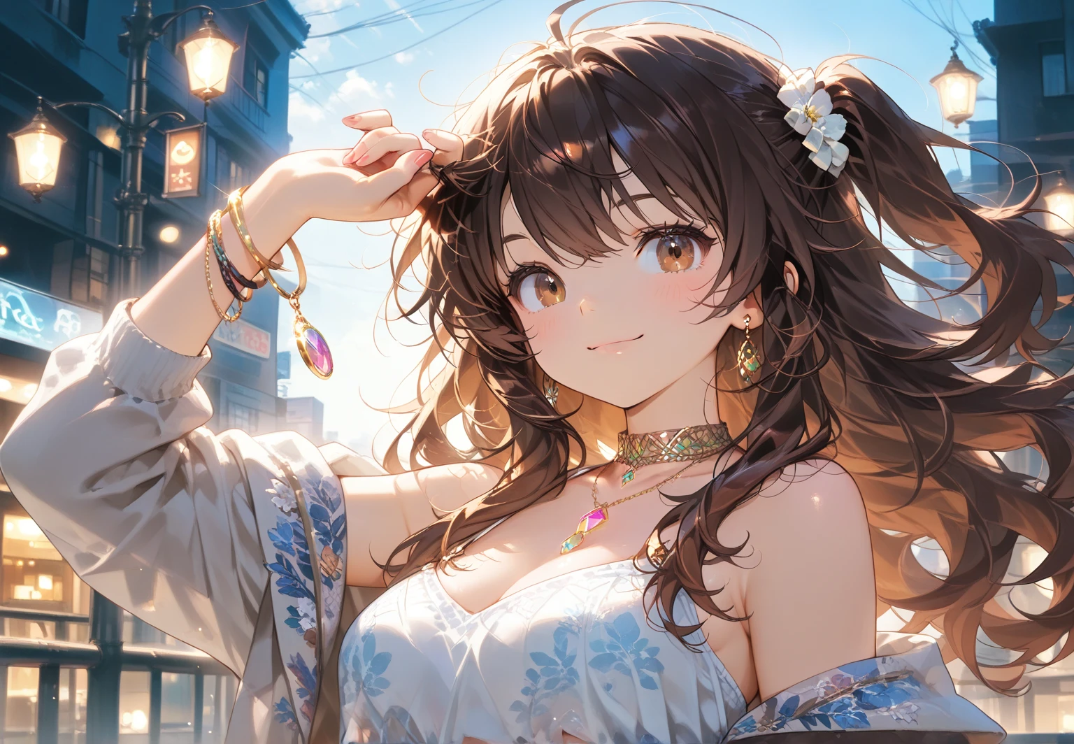 (masterpiece), best quality, very aesthetic, newest, absurdres, detailed, high quality
BREAK
highest quality, top quality, details, highres, ultra fine painting, digital art, official art, cinematic, 4k, 8k resolution, 8K CG wallpaper, CG, original artwork, detailed background, colorful background, blue atmosphere, High Dynamic Range, blurry background, blue hour, Starburst effects, crepuscular rays, good ISO, high resolution, wide shot, from far away, RAW photo, POV, sharp focus, light reflection, reflections, intricate details, soft light, particle noise, professional photography, bokeh, depth of field, natural lighting, vibrant colors, looking away, detailed lights and shadows, stylish, ultra-detailed, top rated on Pixiv, trending on Artstation, niji style, modern-days, master crafted, pose
BREAK
solo, (close up), 1girl, pale skin, correct fingers, detailed hand, (big breasts:1.2), big thighs, small torso, short body, flushtered, blush, anxious expression, embarassed, embarassed act, casual, slim, ((cute, childlike face):1.3), nice body, nice hips, brown hair, (very long flowing hair), (big 2 buns hairstyle)), long bangs, long hair, middle hair bangs, brown eyes
BREAK
(white frilly loose-fitting crop shirt, long sleeve, string sweatshorts, cleavage, choker, casualwear style, detailed tummy, belly button, modern fashion)
BREAK
tranquil park scene, the park features lush, green grass, a variety of trees in different shapes and sizes, Include a vibrant flower garden with a mix of colorful blooms. image size 16:9