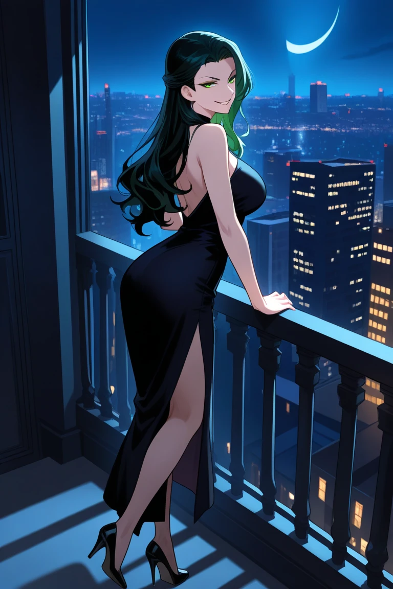 BREAK (masterpiece:1.2), best quality, high resolution, unity 8k wallpaper, (illustration:0.8), (beautiful detailed eyes:1.6), extremely detailed face, perfect lighting, extremely detailed CG, (perfect hands, perfect anatomy),city,street,wet road,reflections, buildings,night,fubuki, black hair, (green eyes:1.5), short hair,black dress, dress, fur coat, high collar, jewelry, necklace, off shoulder, taut clothes, taut dress, pantyhose,angry face, neckline,cleavege,nipples see through,from behind, ass view,upskirt,showing panties.