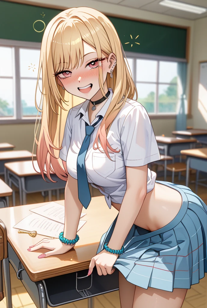 1woman, long hair, ponytail, parted lips, blush, makeup, provoking, navel, underboob, school uniform, classroom, school bag, light rays, glow, thighs, collarbone, narrow waist, (masterpiece), wallpaper,