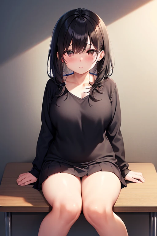 An crazy little  with black hair is waiting at night lewd