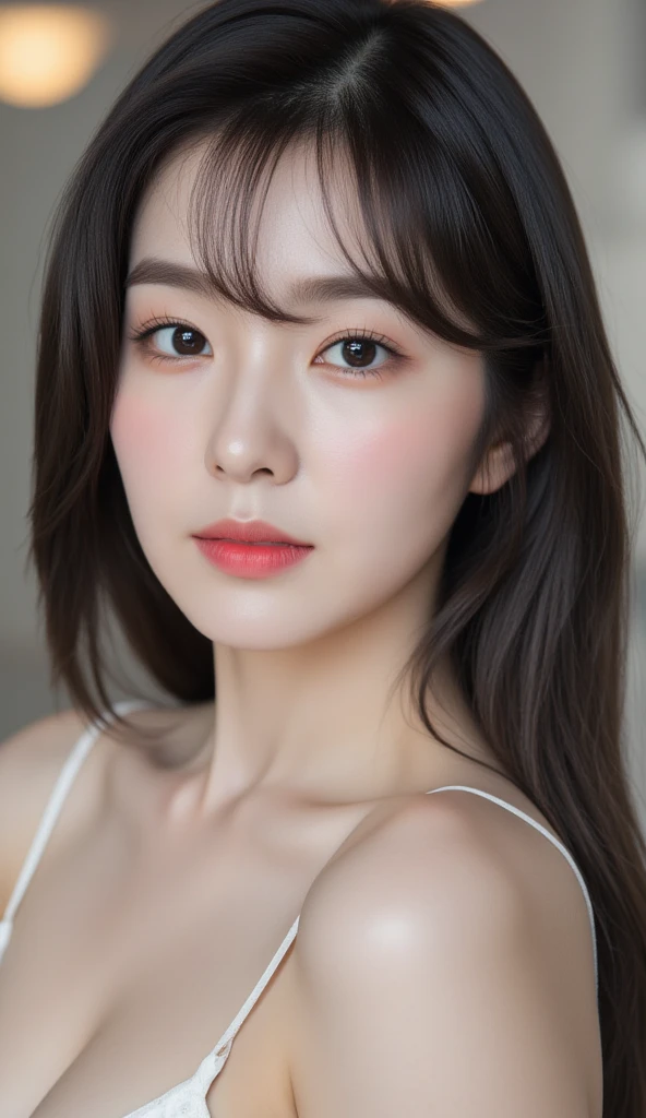 close-up of beautiful korean female, 34 inch breasts size, wearing crop top, holding cola, at noodle shop, bokeh background, UHD