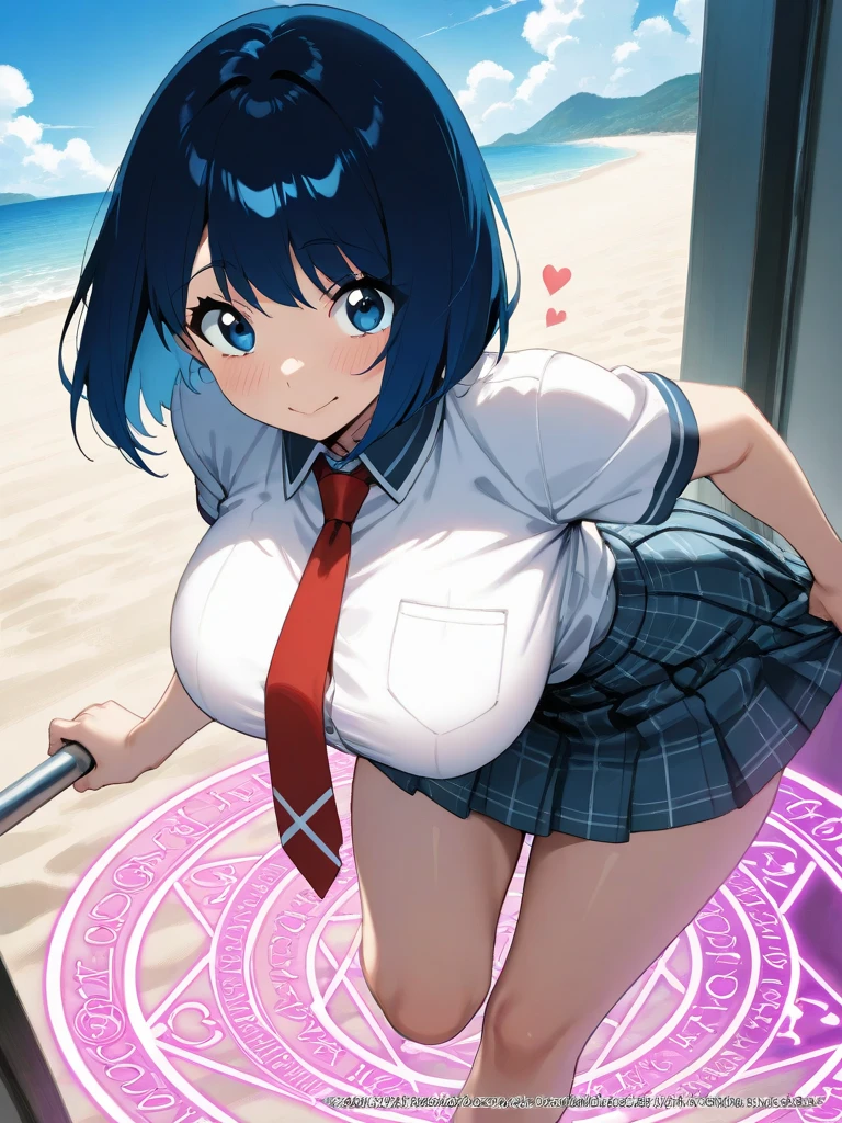 A nice white shirt that lets you see. 、Light blue flared skirt with ruffles、She lifts her skirt with both hands to show off her pretty white underwear.、Cute white underwear visible when you lift your skirt.、sandy beach, beautiful sea, night and starry sky small breasts