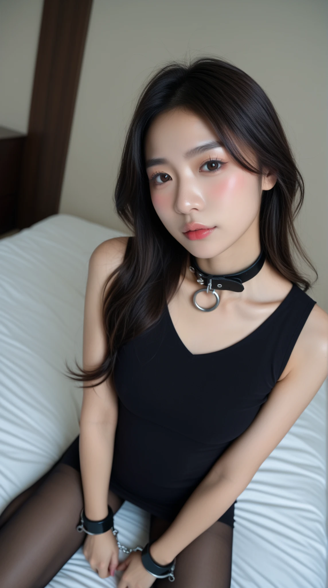Black tight off-the-shoulder mini sweater dress,(open mouth:1.5),(tongue out:2),Kneeling,Standing Upright,Hands Behind Back,Collar with leash,front view,face focus,from above(1girl,Beautiful 14 year old girl,teenager),((Slender,Small breasts,Small face,)),(looking at viewer),Black Hair,bangs,one side up,Beautiful and detailed,(Dimly lit room:1.5),White bed
