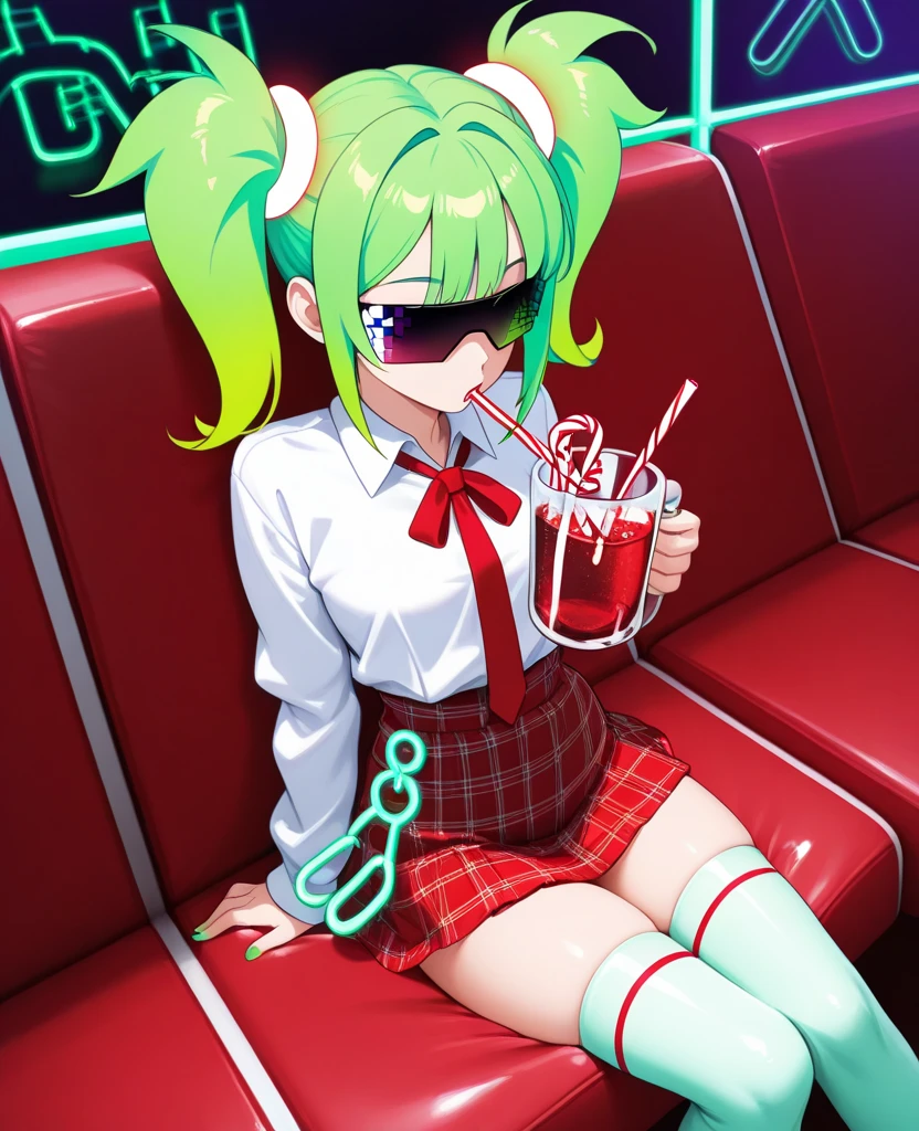 ((best quality)),((highly detailed)),masterpiece,absurdres,detailed face,beautiful face,(detailed eyes, deep eyes),1girl,((dynamic pose)) <lora:RebeccaV1:0.7>, Rebecca, yellow eyes, twintails, solo, green hair, colored sclera, leg tattoo, jacket, tattoo, holding, cup, red sclera, bra, colored skin, black jacket, smile, holding cup, artificial eye, underwear, mechanical eye, neck tattoo, long hair, partially unzipped, black bra, headgear, black hairband, hairband, white skin, petite, small breasts, blue bra, standing, long sleeves, cyborg, breasts, looking at viewer, night, drink, blue skin, indoors, holding drink, smug, hands up, thighs, stomach tattoo, closed mouth