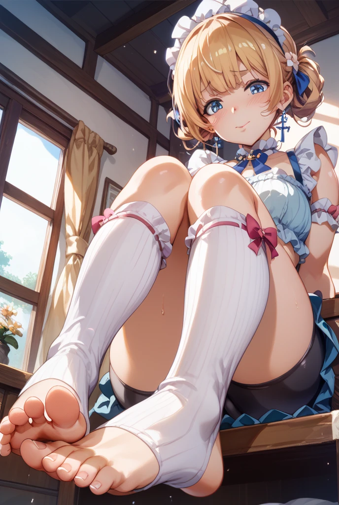 Texture CG, ((Ultra Detail Art)), ((master piece)), (extremely details CG),2girls,twins,ragnarokarch,nsfw,(spread legs dancing with sexy pose),gal , gyaru,beautiful breasts,slim body, slim legs,slim thighs, collarbones,slim and smooth lines,slim waist,small butt,(nipple slip:1.1),(((ass visible through thighs from below))),(panty shot),(wind lift),(pelvic curtain lift),(((no panties,clitpussy1,pussy,open pussy,love juice,pussy peek,clitoris erection,clitoris slip))),(((White Puff Sleeves))),white thigh thighs, Gold Sash ,White blue dress from neck to chest, cleavage deep cutout, Long blue skirt with deep slit,(((short length and narrow width pelvic curtain))),((Blue Wide Sleeve), (Blue Dress Short length and narrow width Front)), long hair, blonde hair,silver hair,brown hair,Curve, Beautiful detailed eyes , gleaming skin, open mouth ,smile, outsides ,clear sky, in summer ,windy ,garden,