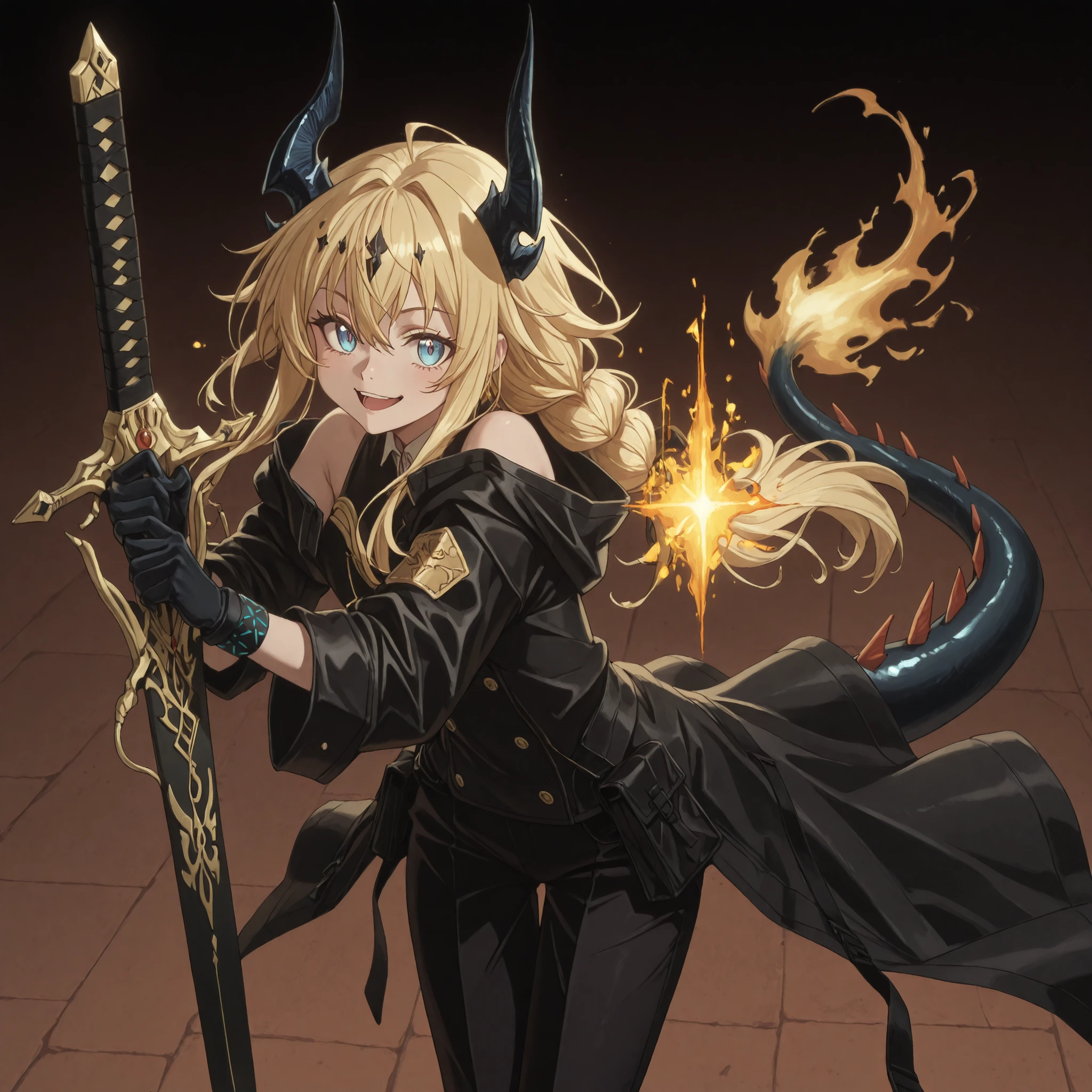 (Body and Size ): Sozinho, 1 , e baixo, little character, short character, Short character , character 1 ,50 meters high, e baixo, Young character, character with a male body by Rimuru Tempest from "Tensei Shitara Slime Datta Ken", male character;
( Hair and Head )blond hair, The character's hairstyle must be the same as that of Lloyd de Saloum "Tensei shitara d", Long FRINGE, horned Black colors like those in Reed The Flame Shadow from "arknights";
The character's face must be the same as Alice Zuberg's from "Sword Art Online", flashy blue eyes, provocative face, Provocative smile , rosto jovem, perfect and beautiful;
Perfect Anatomy, , the character's tail must be that of a dragon and must be black (with a golden flame at the tip of the tail), black tail like that of Reed The Flame Shadow of "arknights", They must be black;
Colored arms in the Nian style of "arknights" (mas os braços e as mãos devem estar pintados nas cores black with gold details), exposed arms and shoulders, hands with claws, black hands with gold details, black arms with gold details, always wearing Reed's coat;
Black coat like Reed at "arknights", tactical military clothing (colada no corpo) black with gold details, black pants, exposed arms, corpo baixo, exposed arms and shoulders, coat falling down the arms;
holding a sword (montante) black with gold details, na espada, divine spear and beautiful gold ornaments, sword larger than the height of the character, futuristic sword ;
fundo preto, attack position, jacket looking at the observer, mãos e black arms with gold details, always wearing the;
flashy pose, exposed shoulders and head, near the face, looking at the character, jacket looking at the observer, cara a cara, Provocative smile , Confidence , e baixo, Young character, the same height as Rimuru Tempest;