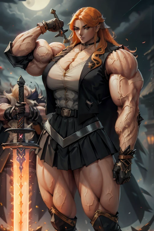 ((Close-up)), tall, (cyan hair) beautiful muscular woman, long beachy hair, pale white skinned, closed smile, (black lipstick), (massive muscles), (hyper muscle), (ginormous bulky muscles), glowing purple eyes, ((leather jacket and long pleated skirt)), (carrying a fire sword), choker, boots, night in a fire castle,