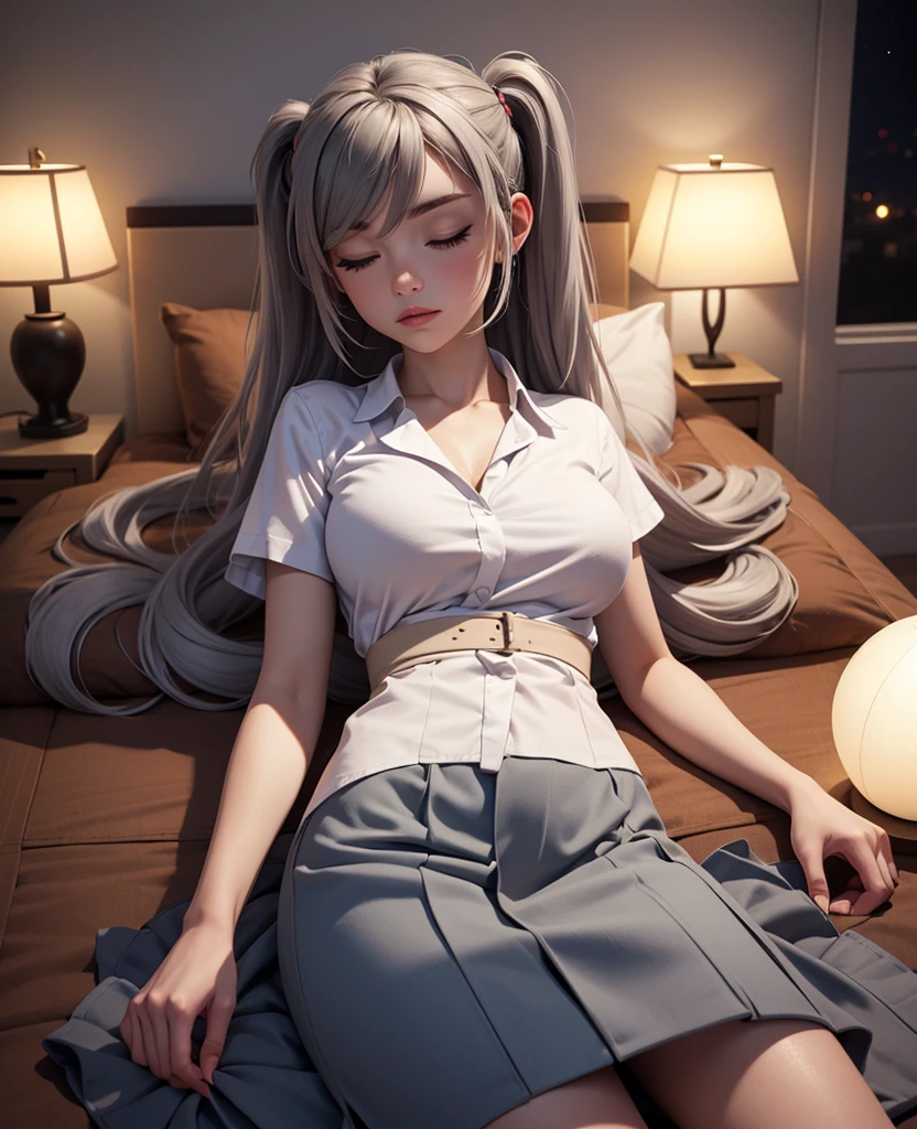 (top quality、masterpiece、very high resolution、Ultra high quality、High quality pixels)、perfect eyes, perfect face, alone，8k, large breasts，(Detailed description of hair), (Detailed description of face),(detailed description of body), Fair and translucent skin, gorgeous, long legs, facing the audience, Professional photography lighting，(Detailed yellow eyeball: 1.2), white hair, Girlfriend style, gentle expression, cowboy shot, (white oversized formal shirt: 1.2), model posture, pantless, (long shirt covering underwear:1.3), girlfriend ssmile, Sit, bed, horse ear, long straight bangs, long straight hair, lying down on the bed