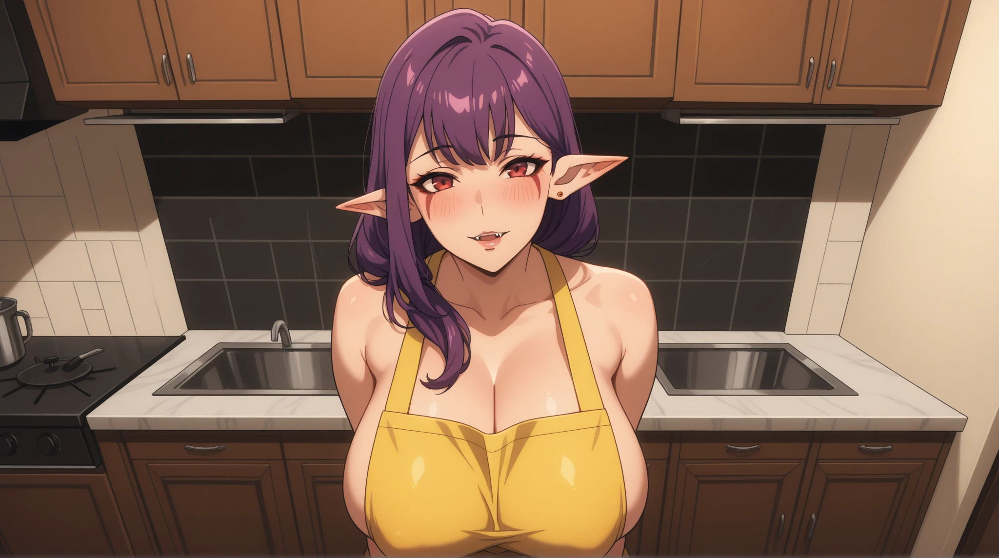 NJAkiV4, takeda hiromitsu style, hands on waist, anime cels style, best quality, high resolution, (huge breasts:1.4), Res hair, elf, (brown skin), cowboy shot, blush, embarrassed, Serious, red hair, Microbikini, long ears, pointed ears,