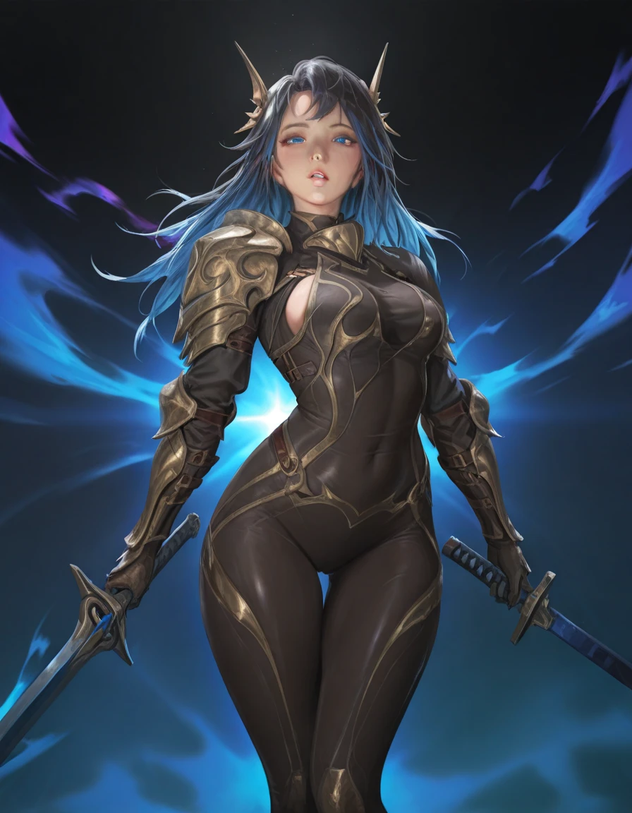 The female Warrior viscount (small breasts, dark blue hair), masterpiece, best quality, (extremely detailed unity 8k CG wallpaper), (best quality), (best illustration), (best shadow), absurdities, realistic lighting, (Abyss), beautiful detailed brightness,