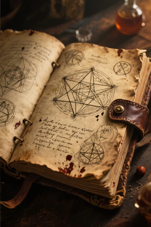 ancient leather-bound spell book, aged and worn, intricate hand-drawn magical diagrams on parchment pages, faded ink, handwritten poems scribbled in the margins around the illustrations, mystical symbols, possibly some spilled potion stains, warm and slightly dim lighting, detailed textures, fantasy art