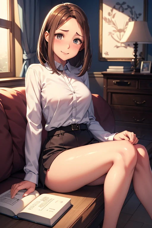 masterpiece,(Perfect Anatomy:1.5), highest quality, (a lady:1.5), slender, leggy, Seductive, short hair, brown hair, (wear a white long sleeved shirt:1.5), white bikini panties , Perfect hands, Perfect body, reclining, lying on a sofa, throw her legs over the sofa, leg up , shirt lift, (barefoot), looking away, ((Exquisite detail)), Very finely crafted fingers(((10 fingers))), (((two legs))), (full body showcase), (Show your whole body), (no background), (No logo) , high resolution, see her private part , telephoto lens, parted lips, tie