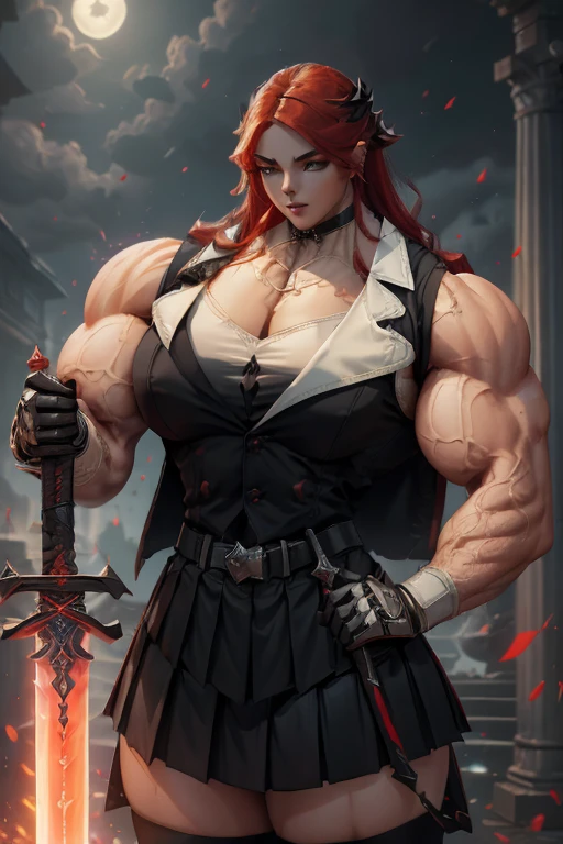 ((((Massive, tall, beautiful, buff, pale white skinned muscular asian woman with red hair, black lipstick, ginormous bulky muscles, wearing a black gothic blouse with pleated skirt and tie)))), close view, (black lipstick), massive muscle, massive biceps, hyper muscle shoulders, (ginormous muscle arms), hyper muscle triceps, (long hair), yellow eyes, choker, (chain belt), black boots, (spiked gauntlets), (fingerless gloves), (in a destroyed chaotic city), evil smile, night, hyper vascular arm, hyper muscles arms, hyper muscle legs, (ginormous arms).