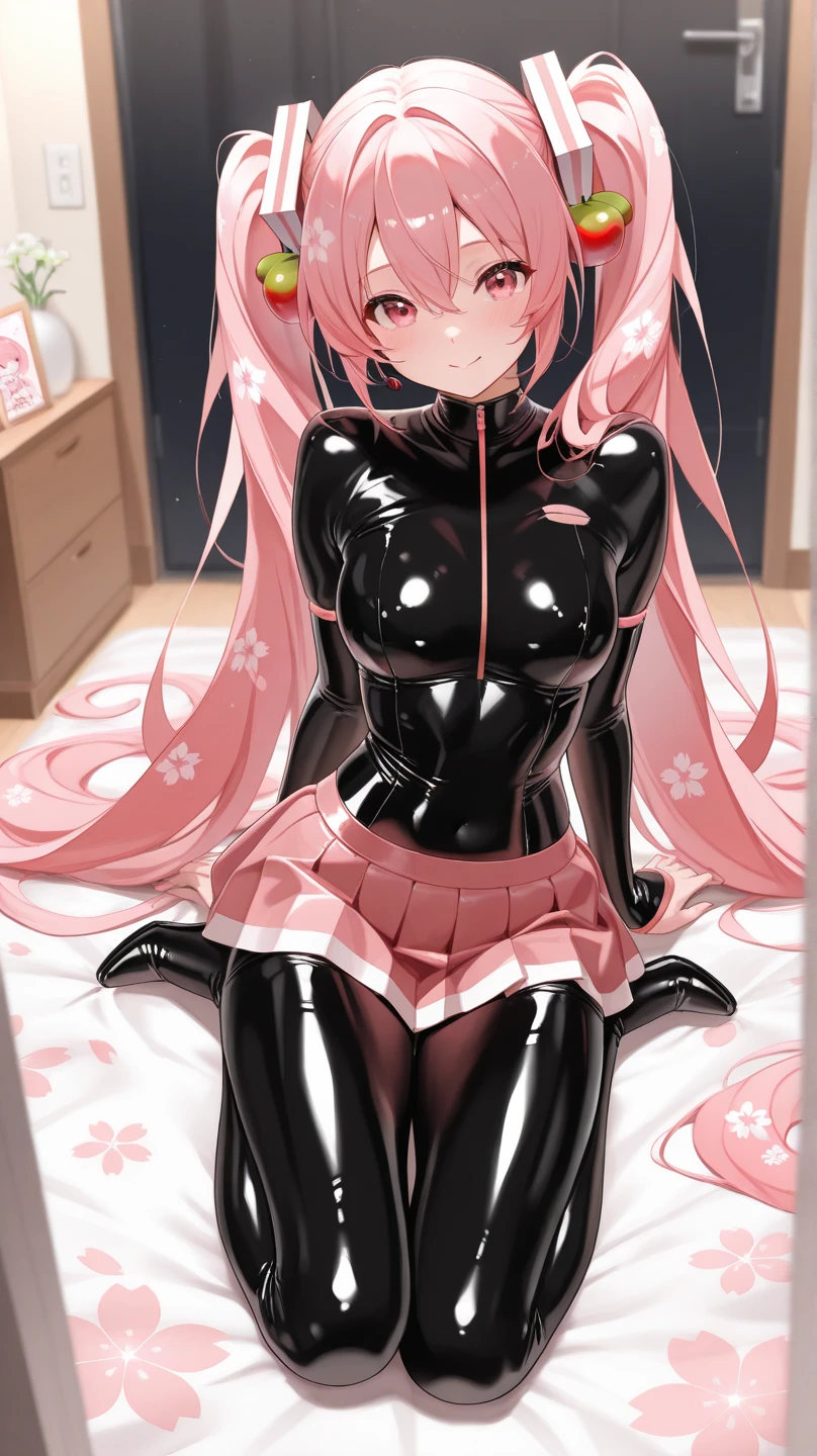 best quality, insanely detailed, nino nakano, black latex swimsuit, breasts, blush, bedroom background, smile, pussy, highleg latex leotard, spread legs