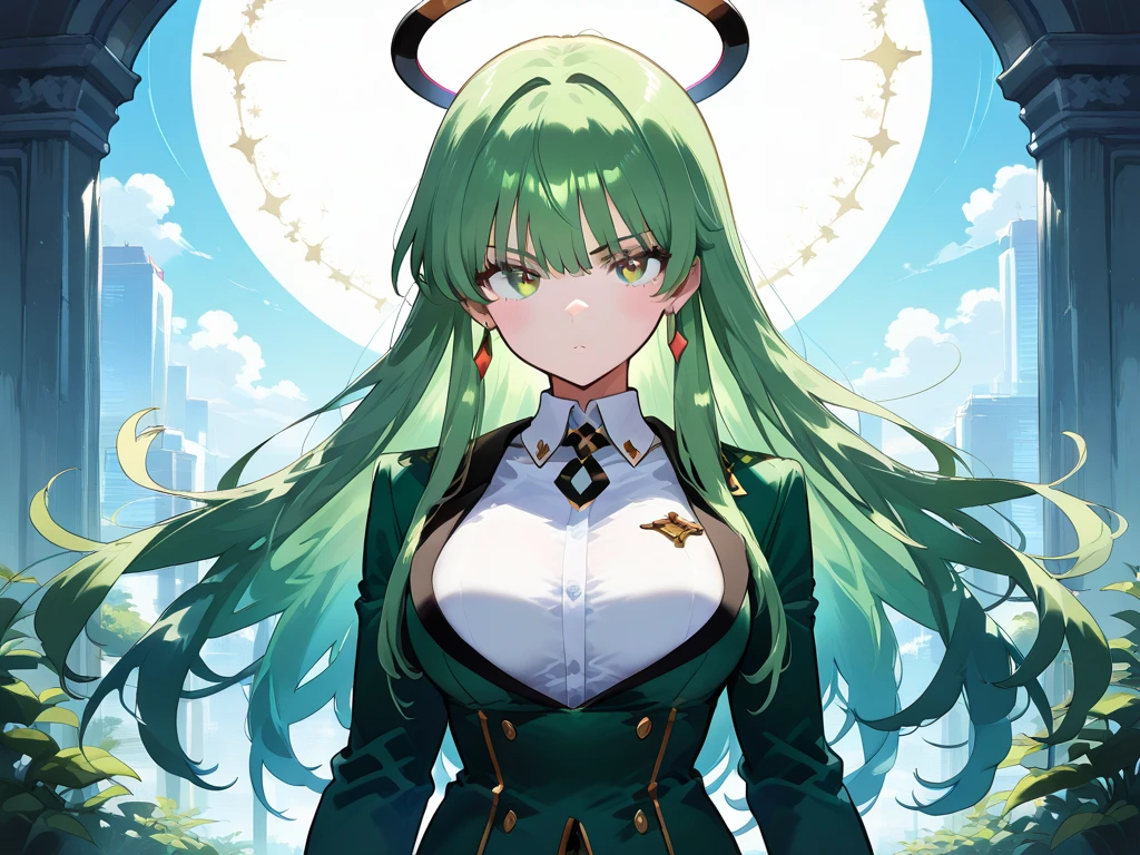 Masterpiece, very detailed, ultra detailed, one, (1 woman), she in a maid costume, long golden hair and parting on the side, yellow demonic horns, yellow dragon wings, beautiful, charming, bright green eyes, light eyes, elegant, large breasts (huge), serious face, she is against the background of space and galaxies