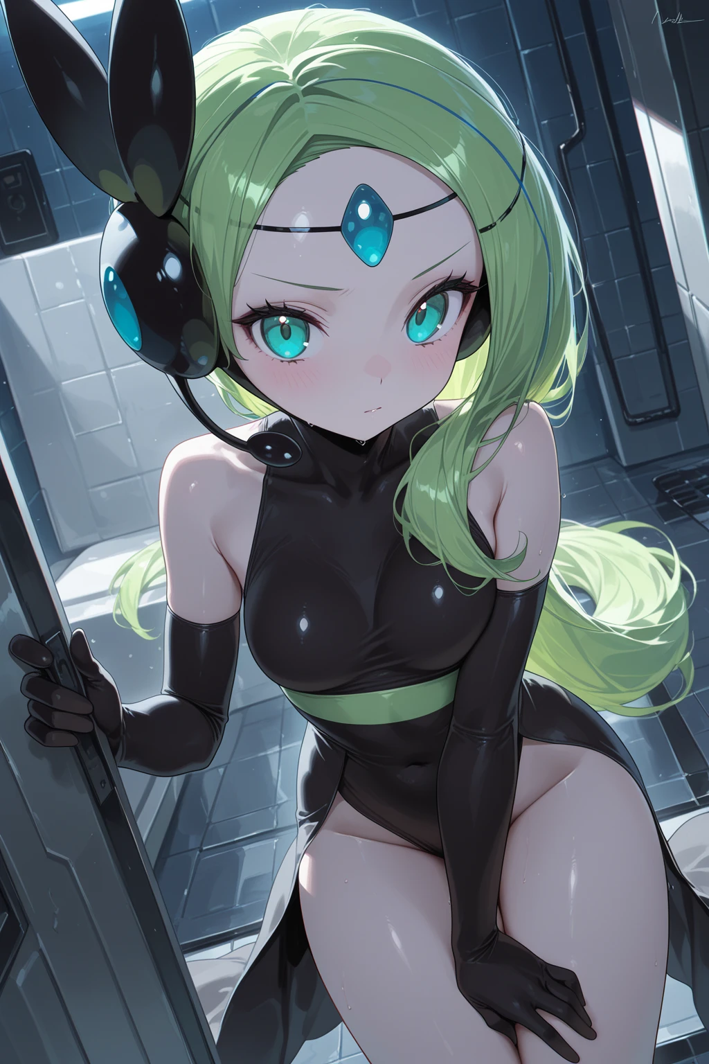 score_9, score_8_up, score_7_up,1 daemon woman, straight demon horns, (black horns),(upward-pointing horns) , vertical horns, black demon tail, (aquamarine hair),aquamarine green color hair,ahoge, long hair, (long hair),bangs, light orange bikini,bikini is orange, bikini orange, orange bikini!, (orange eyes), background is spaceship, orange eyes, 1woman ,facing viewer, daemon girl, bubbles, tube, close up,Well-endowed, alone,Spacecraft interior
