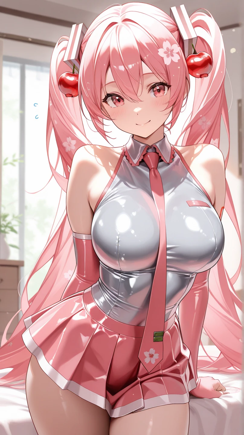 1girl, solo, floral background, black hair, long hair, red eyes, large breasts, (red armband), school, classroom, solo, bare shoulder, pink pvc outfit, (pink pvc serafuku:1.3), (pink pvc pleated skirt), pink pvc elbow gloves, pink pvc thigh boots, (garter straps:1.2), 
smile, (oily skin:1.3), (shiny hair:1.2), (shiny glossy skin:1.2),