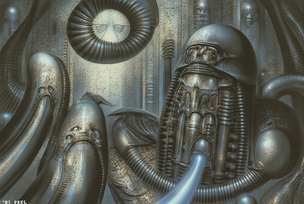 The image is a detailed view of H.R. Giger's biomechanical tableau \" Landscape XVI \" plate, featuring.
(airbrush painting, Giger's alien in front of broken alien ship in landscape, natural light, sharp focus, illustration, highly detailed, digital painting, concept art, matte, art by gric and kozhanov and moebius and Alphonse Mucha, masterpiece, HDR ,UHD , uplight, in HRGigerArhP style);1.
surrealistic painting of a monster with multiple tentacles and a body that looks like a brain, surrounded by a chaotic scene of swirling clouds and other monsters
 It's a complex network of bones and organs in eldritch color scheme:a greenish-brown hue ,swirling gery and brown colors. The artwork is silverish and green brown, with an ivory bones prominently displayed. The image is highly detailed and intricate, almost like a 3d version of a medical sketchwork.   
The piece is a tableau, most likely created with a India ink pen or pencil on paper, determined by the thin lines, shading techniques, and the texture of the paper, which is visible around the edges.
Used is pen, given the shading and variations in line weight visible in the image. Artist have used a variety of stylus with different degrees of hardness to achieve the shading effects.
 The use of undersaturated green-grays dark contrasts creates a stark and graphic look. Is used a variety of linework techniques to create different textures. Fine, parallel lines create a smooth, metallic texture,while thicker, more cursive lines suggest cables or wires.
Light source from the top highlights skeletals, pper part of foreground, lower part of image is in shadowupper part of foreground, lower part of image is in shadow.
The art performance showcases the artist’s skills in observation and rendering. The level of detail in the piece suggests a close study of real bone specimens and mechanics. The artist has skillfully used shading techniques to create a convincing illusion of three-dimensionality on a flat surface. The wrinkles 
