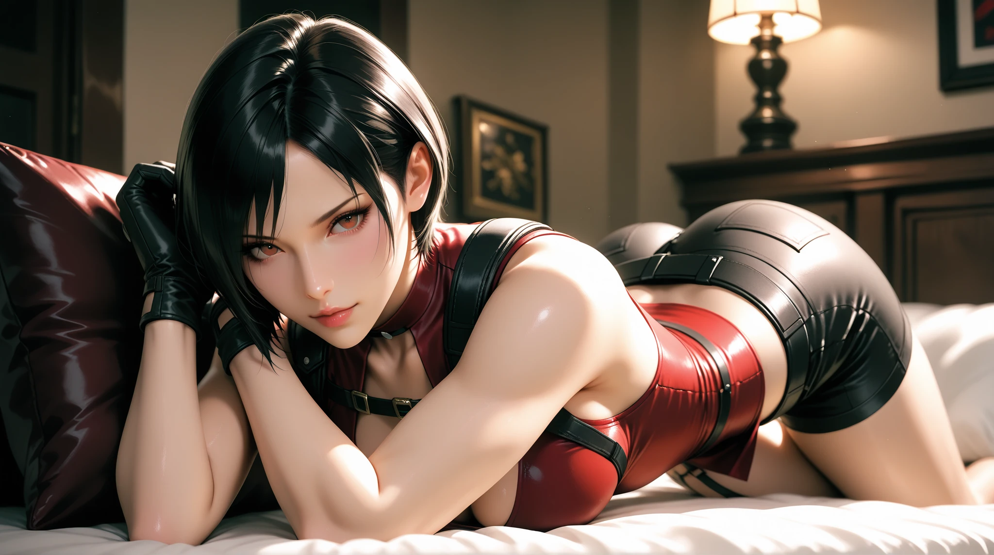 AdaWongRE, 1girl, red dress, sexy pose, dark city background, short hair,