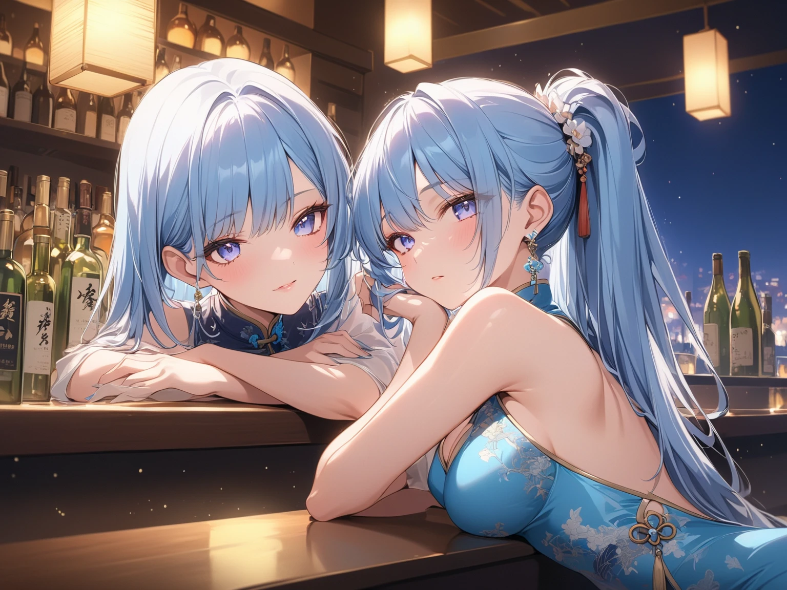 There are many girls posing with their hands on their hips in the room, Japan school uniform, japanese girl school uniform, many legs, wearing japanese school uniform, of a schoolgirl posing, in girls generation, Cute Girls, Ecchi, Ecchi style, Wearing school uniform, High School Girls, long thin legs, japanese maid cafe, Ecchi anime style, 1 girl, solo, Kamisato Ayaka, nurse_dress, large breasts, bandages, sitting on a chair, sexy pose, lingerie