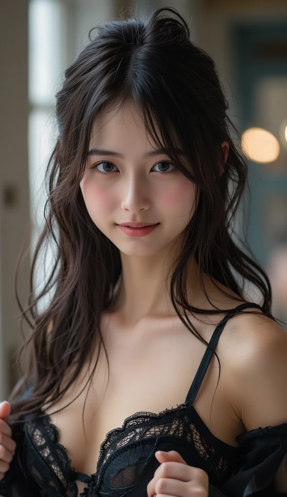 the best quality、A masterpice、photoRealstic、intricated details、Raw foto、Photon Rendering、Octane Rendering、absurdist、ultra -detailed、detailed faces、Detailed skin、trend in ArtStation、8K masterpiece、lighting like a movie、( (1girls))、((独奏) ))、((Behold))、CG Social Trends、Plastic En、((Black Long Hair))、((a beautiful female))、(smile on face)、Dark blue dress、(White Skin Skin)、Fashionable、A sexy、hair flowing in wind、((Flowing hair))、(happy)、fashion magazine、((lighting like a movie))、mountain hut、Genki、Frolic、