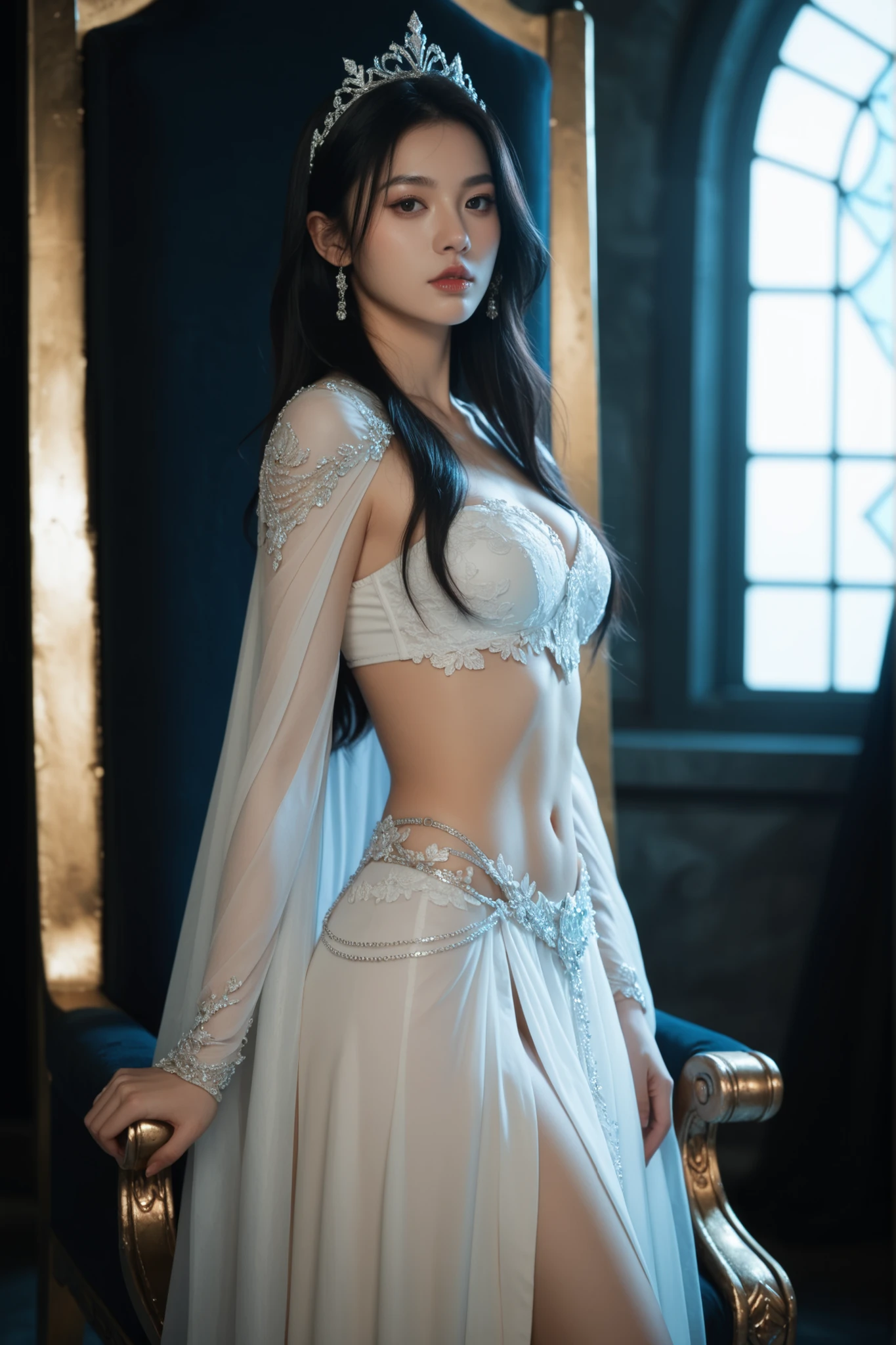 A beautiful, mysterious princess with long black hair and tiara standing in front of a dark throne with attire of a warrior. Dramatic lighting.