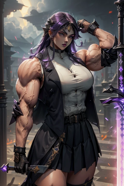 ((Massive tall, beautiful, buff, pale white skinned muscular woman with violet purple hair, black lipstick, ginormous bulky muscles, carrying a fire sword and wearing a violet long sleeve pleated shirt with beautiful long pleated skirt)), ((close view)), (massive muscles), long hair with long bangs, black eyes, choker, ((violet long sleeve pleated shirt and tie)), neck tie, ((beautiful long pleated skirt)), belt, thigh high socks, black boots, (in a fire city), closed smile, night, massive muscles