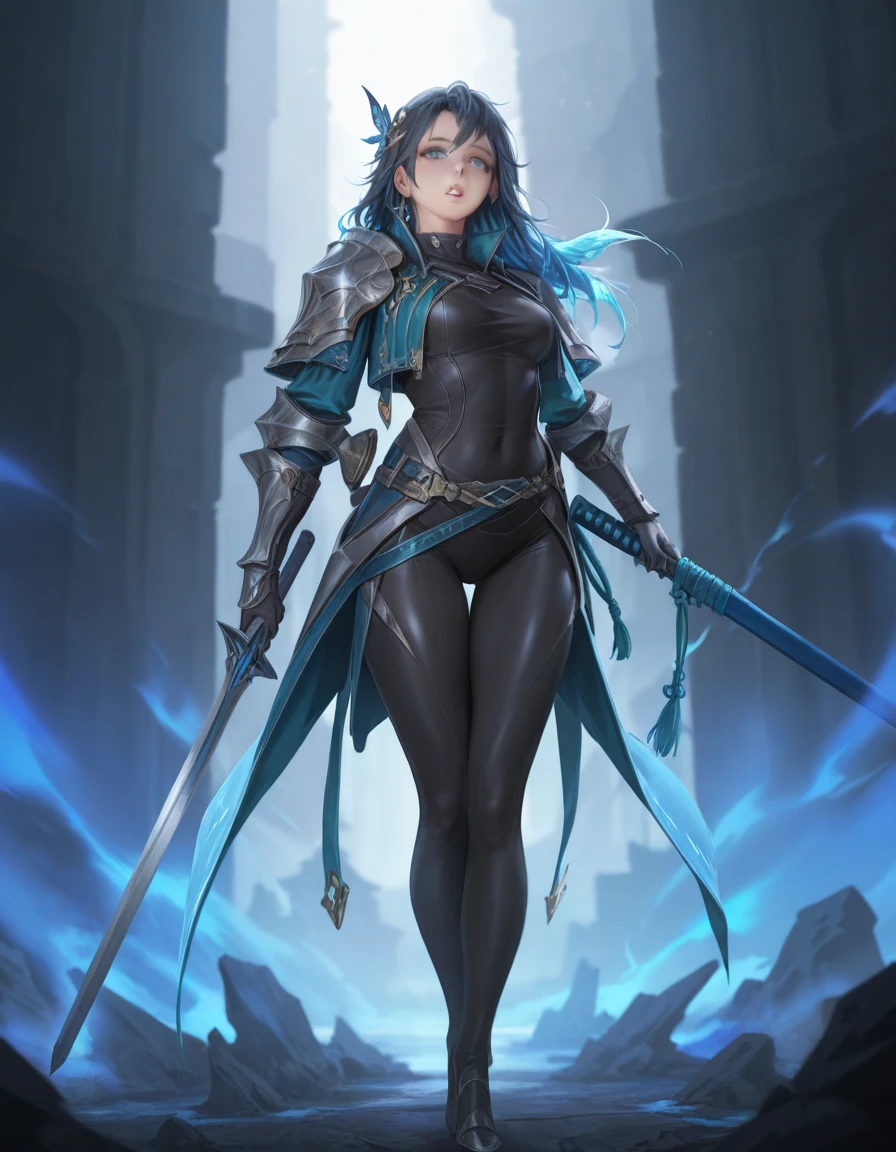 The female Warrior viscount (small breasts, dark blue hair), masterpiece, best quality, (extremely detailed unity 8k CG wallpaper), (best quality), (best illustration), (best shadow), absurdities, realistic lighting, (Abyss), beautiful detailed brightness,