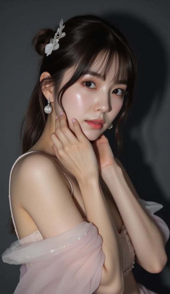 (masterpiece:1.3), high resolution, ultra detailed, extremely detailed CG unity 8k wallpaper, realistic, photo-realistic, RAW photo, beautiful detailed face, pale skin, realistic glistening skin, detailed cloth texture, detailed hair texture, Perfect body, Beautiful Face, accurate, Anatomically correct, Highly detailed face and skin texture, natural neck length, (beautiful hands), (fair skin:1.1), (well-aligned teeth:1.1), (Sweaty skin:1.2), 
BREAK, 
Detailed eyes, symmetric eyes, Light Brown eyes, Double eyelids, Thin eyebrows, (Glossy lips:1.4), ((A face with waiting for a kiss:1.2)), (blush:1.1), (A sparkling small hair accessory:1.1), 
BREAK, 
(A classy and Cute woman1.3), (nude, nsfw, nipple:1.4), 
BREAK, 
medium large breasts, slender figure, firm abs, 
((updo hairstyle, Dark blonde hair, wavy hair, long hair, asymmetric bangs:1.2)),  (Close up shot:1.2), (looking at viewer), beautiful smile,  From above, 
BREAK, 
((Sitting side by side on the backseat of a flying helicopter)), (((A view of skyscrapers outside the window at Night:1.3))),
