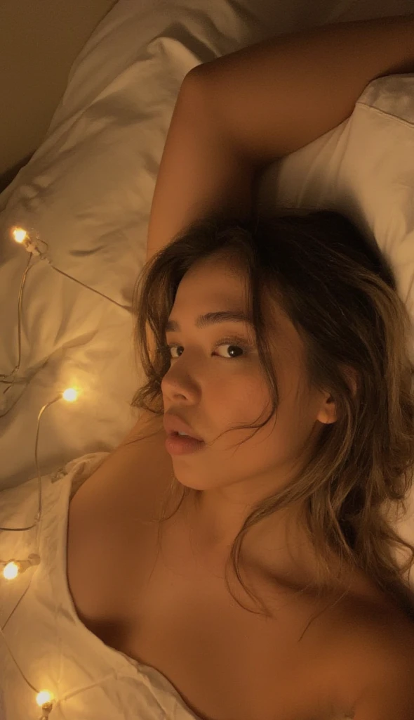 (selfie), girl lying in bed, (darkness), (nighttime), pink cotton pjs, lying down, belly, lying down on back