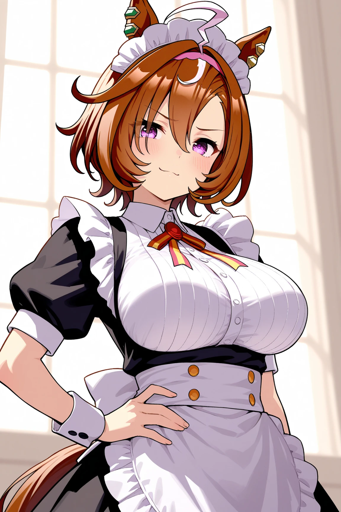 score_9, score_8_up, score_7_up, source_anime BREAK anisrnd, ahoge, short hair, brown hair, mansion, room, big breasts, looking down, open mouth, smile, maid