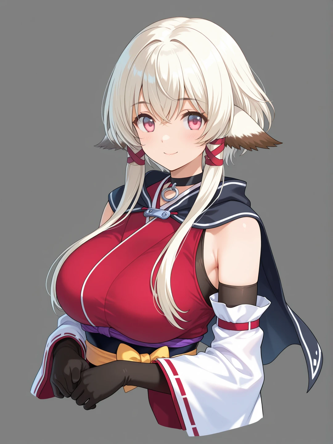 masterpiece, high quality, extremely detailed, 1girl, mature female, solo, (dark grey skin:1.6), black wyrm, (gigantic breasts:1.3), ((white hair, long hair, red eyes, slit pupils)), parted lips, (((outfit-tsubaki, breast curtain, red sailor collar, elbow gloves, red skirt))), open mouth, fangs, light smile, lying on the bed, arms on own chest, bedroom