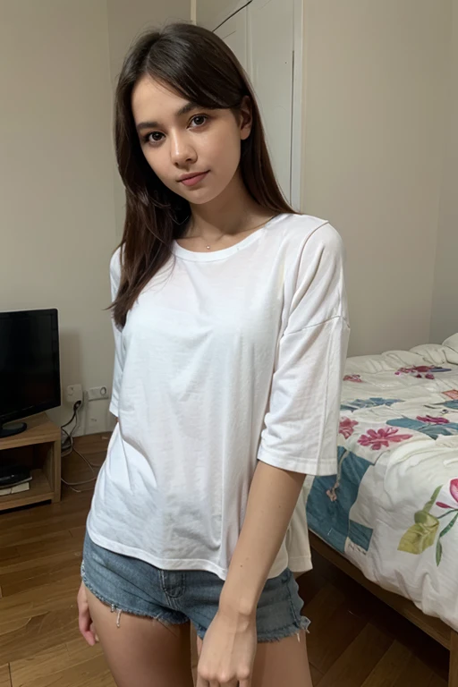 (Realistic、Like a photograph、Live Action、8K, Realistic, RAW Photos, Best image quality: 1.4), Single-lens reflex camera、RAW Photos, Highest quality, Realistic, 非常に詳細な CG Unity 8K 壁紙, Written boundary depth, Cinematic Light, Lens flare, Ray Tracing, Realistic background、Highest quality、8K.Bedroom、Young and beautiful girl、Show me your forehead、Show your forehead、Top view、Very large breasts、Very detailed and intricately designed underwear、Selfie、Selfie