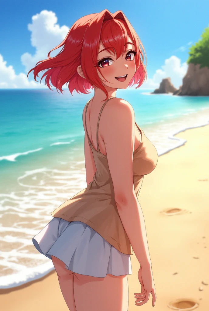 (masterpiece, best quality), photorealistic, cinematic, anime girl in flowing, bohemian-style maxi dress with floral patterns, seaside, 1 girl, red hair, (sleek bob cut:1.5), full-body shot, head to toe visibility, perfect anatomy, curvaceous body, large cleavage, overly exposed breasts, long round legs, big round ass, alluring, perfect eyes, perfect hands, medium-sized breasts, round ass, long round legs, standing on the shoreline, one foot slightly forward, with the dress gently swaying in the breeze, the model could have a relaxed, confident stance, a soft, serene smile that reflects the tranquil beauty of the seaside setting, the model's gaze can be focused on the horizon or the water, conveying a sense of calm and appreciation., extremely detailed Artgem, ig model, artgem, alena aenami and artgem, krenz cushart and artgem, artgem and atey ghailan