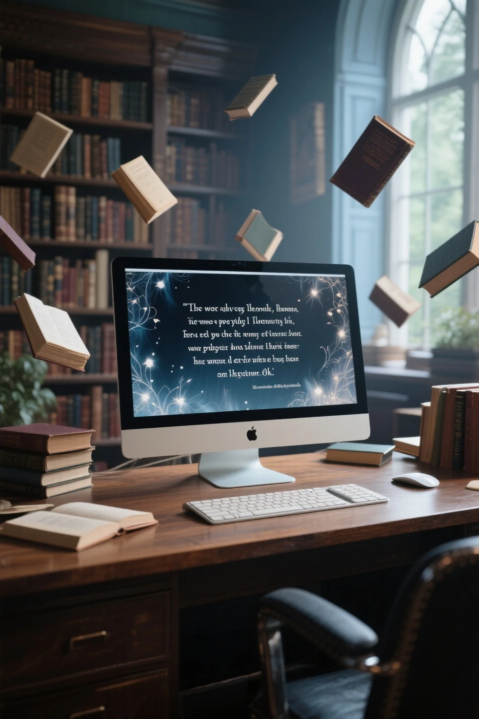 Ok create a 4K, HD, of a computer with the best poem, the place has to be a desk with a library behind, the computer perched on a table and the screen on, image where you will see the poem, books can float around the place as if I were enchanted.