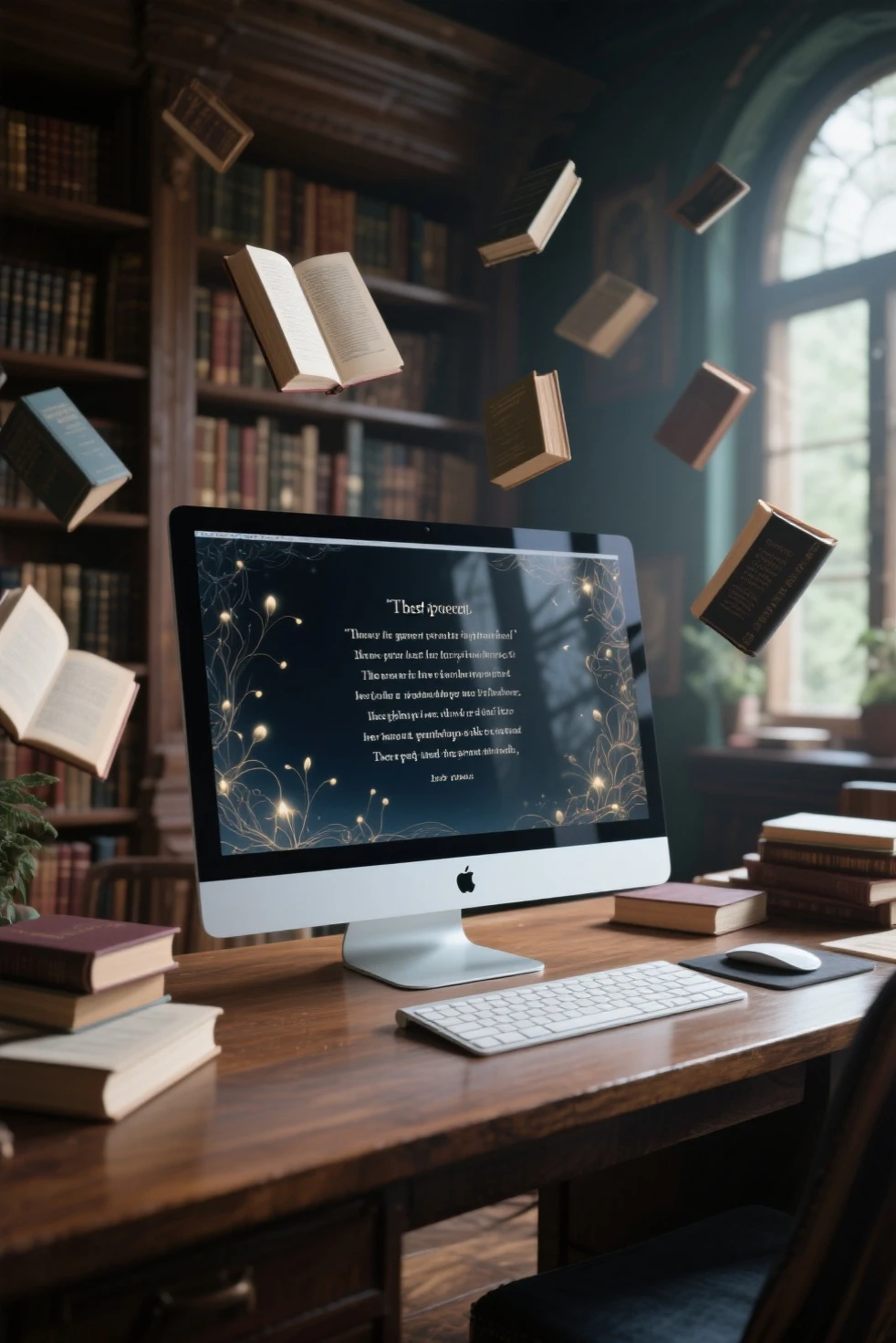 Ok create a 4K, HD, of a computer with the best poem, the place has to be a desk with a library behind, the computer perched on a table and the screen on, image where you will see the poem, books can float around the place as if I were enchanted.